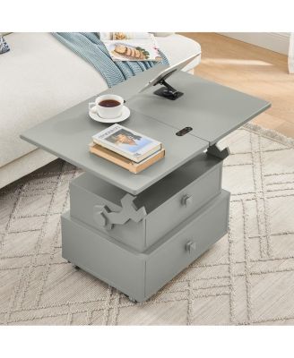 High-Gloss Adjustable Rolling End Table with Charging Station and Storage