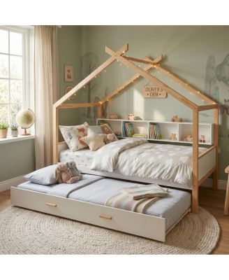Wooden House Bed with Trundle and Bookshelf Storage