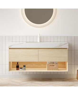 48 Inch Wall Mounted Bathroom Vanity with Sintered Stone Top, Double Soft Close Drawers, Ceramic Sink, LED Shelf for Modern Spaces