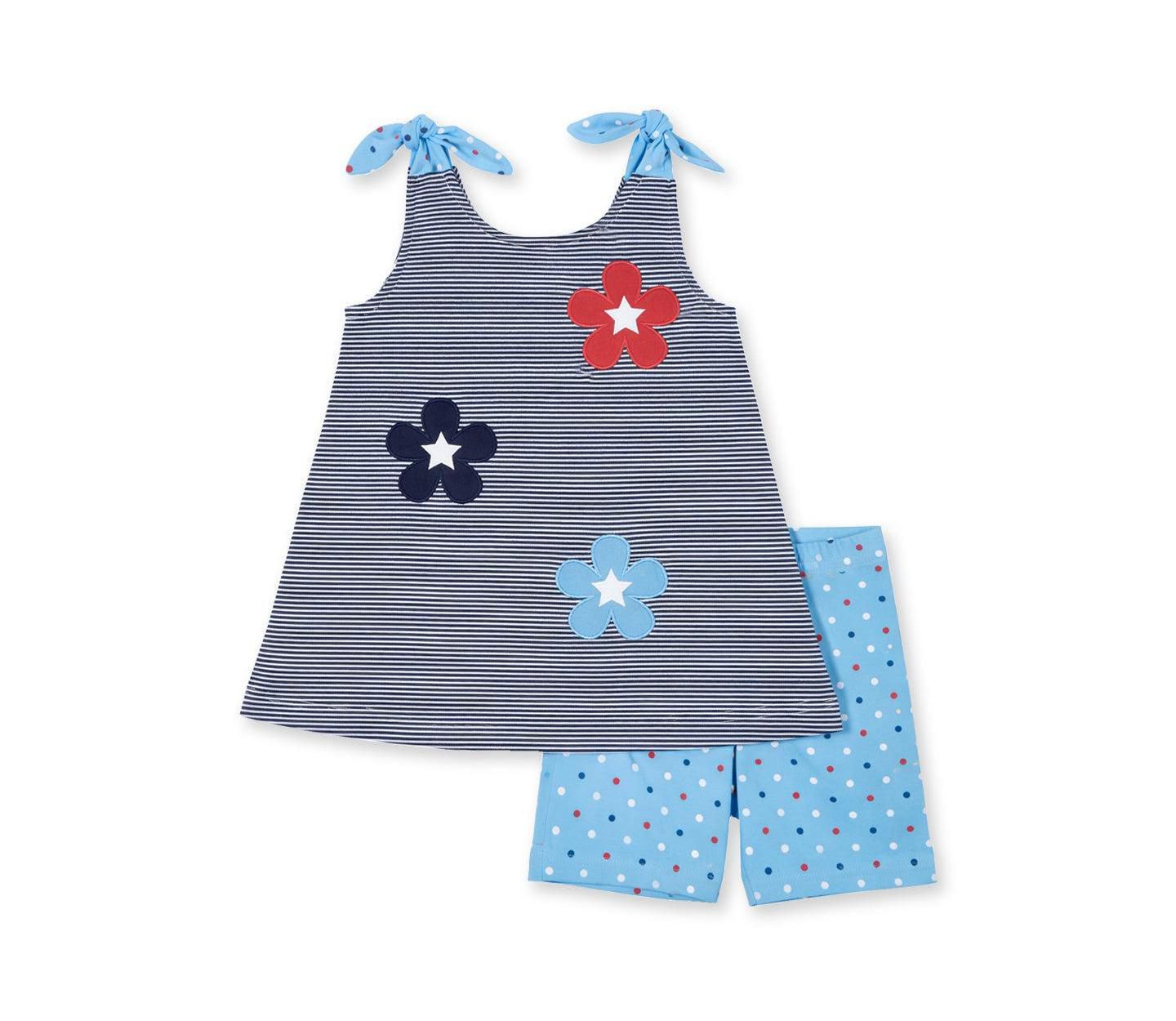 Детский комплект Florence Eiseman Big Girls 7 -8 Stripe Knit Short Set With Flowers and Stars, цвет: Средний синий — фото 1