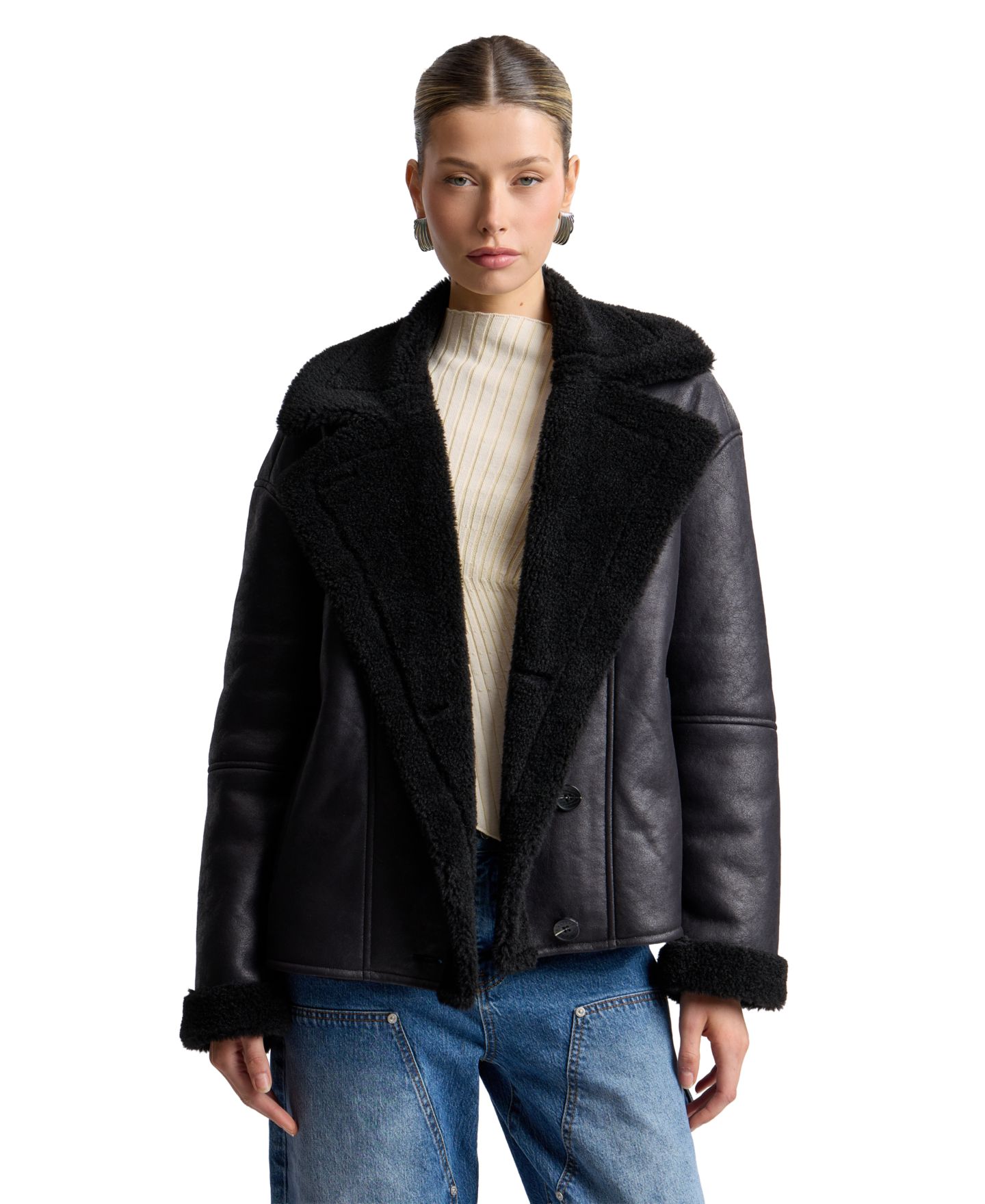 Женское пальто Avec Les Filles Collared Faux Shearling, цвет: Чёрный — фото 1