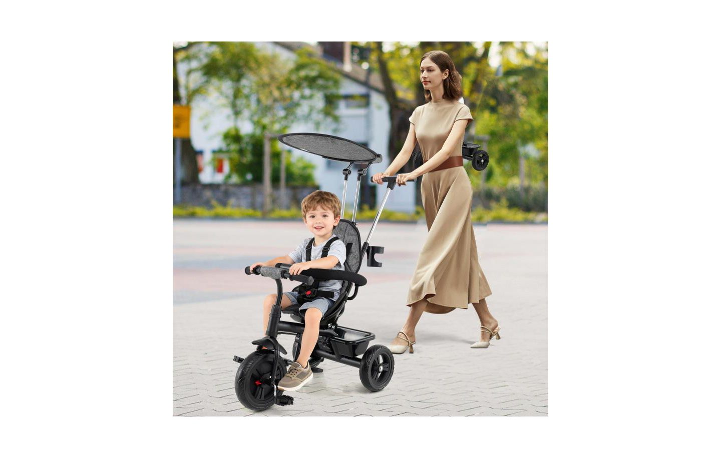 Детская игрушка Slickblue Foldable 7-in-1 Baby Tricycle Stroller with Adjustable Canopy, цвет: Серый / Чёрный — фото 4