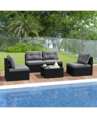 5 Piece Outdoor Furniture Set with Seat Back Cushions Tempered Glass