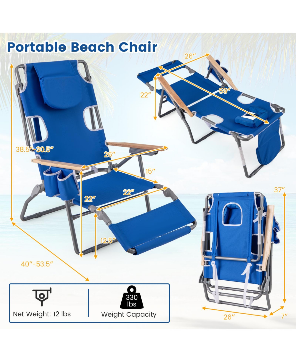 Sugift 3-in-1 Foldable Beach Chair with Footrest and Adjustable Backrest