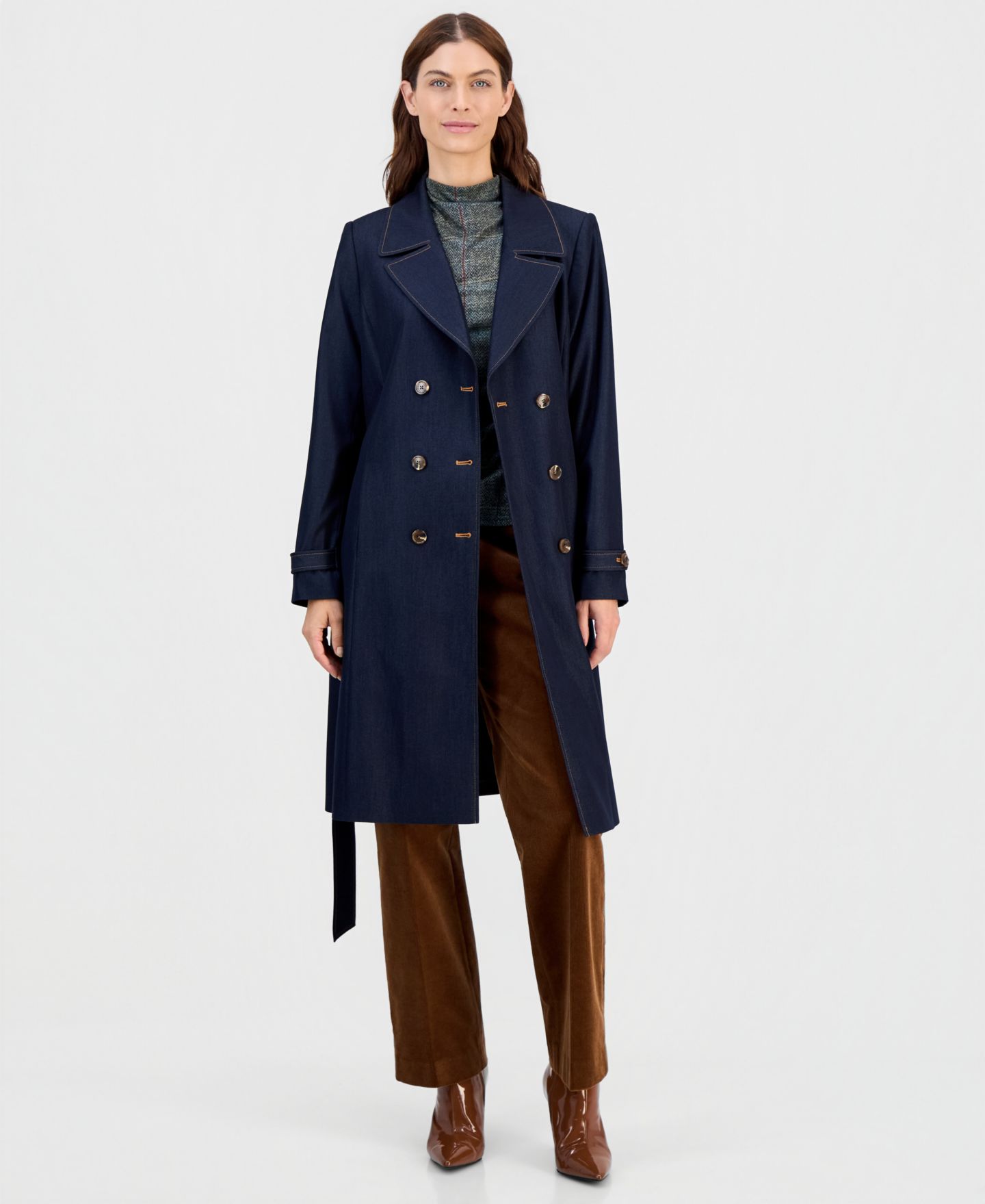 Женская куртка Tahari ASL Petite Long Denim Trench, цвет: Тёмный джинсовый — фото 2