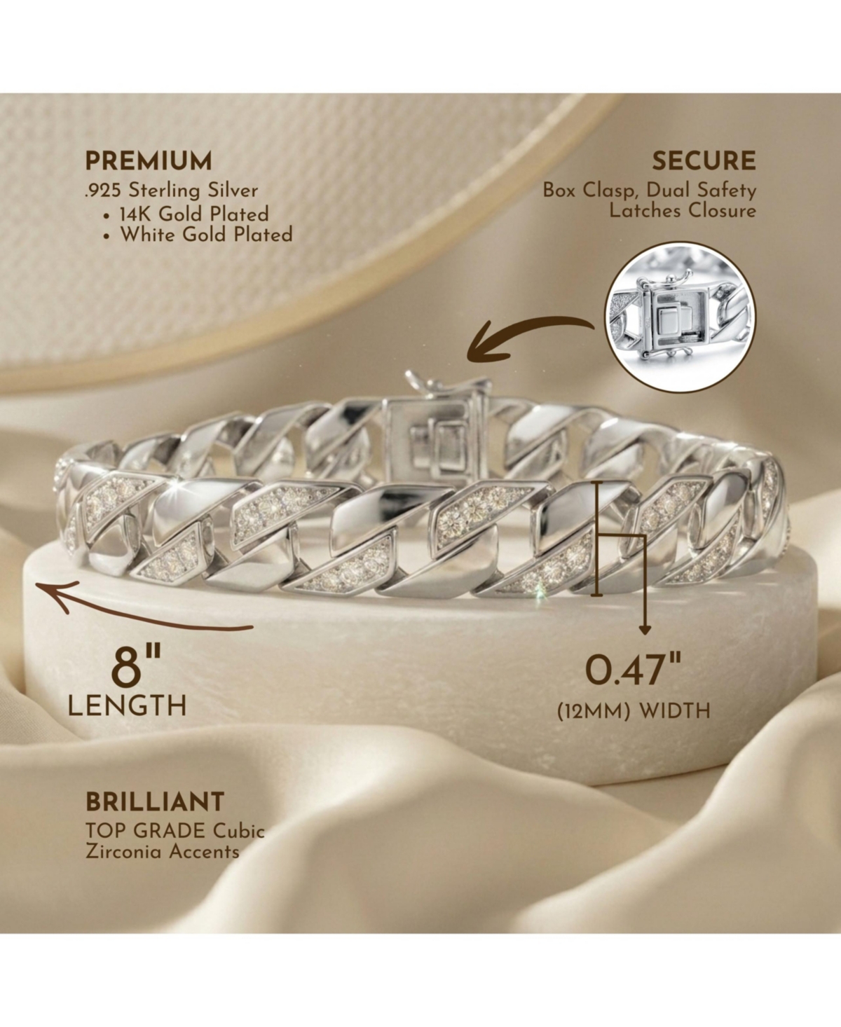 Men's Sterling Silver Iced Out Cubic Zirconia Braided Cuban Chain Bracelet