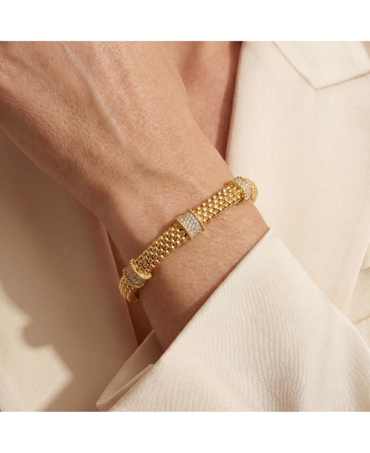 Rachel Glauber 14k Gold Plated with Cubic Zirconia 3D Textured Bangle Bracelet