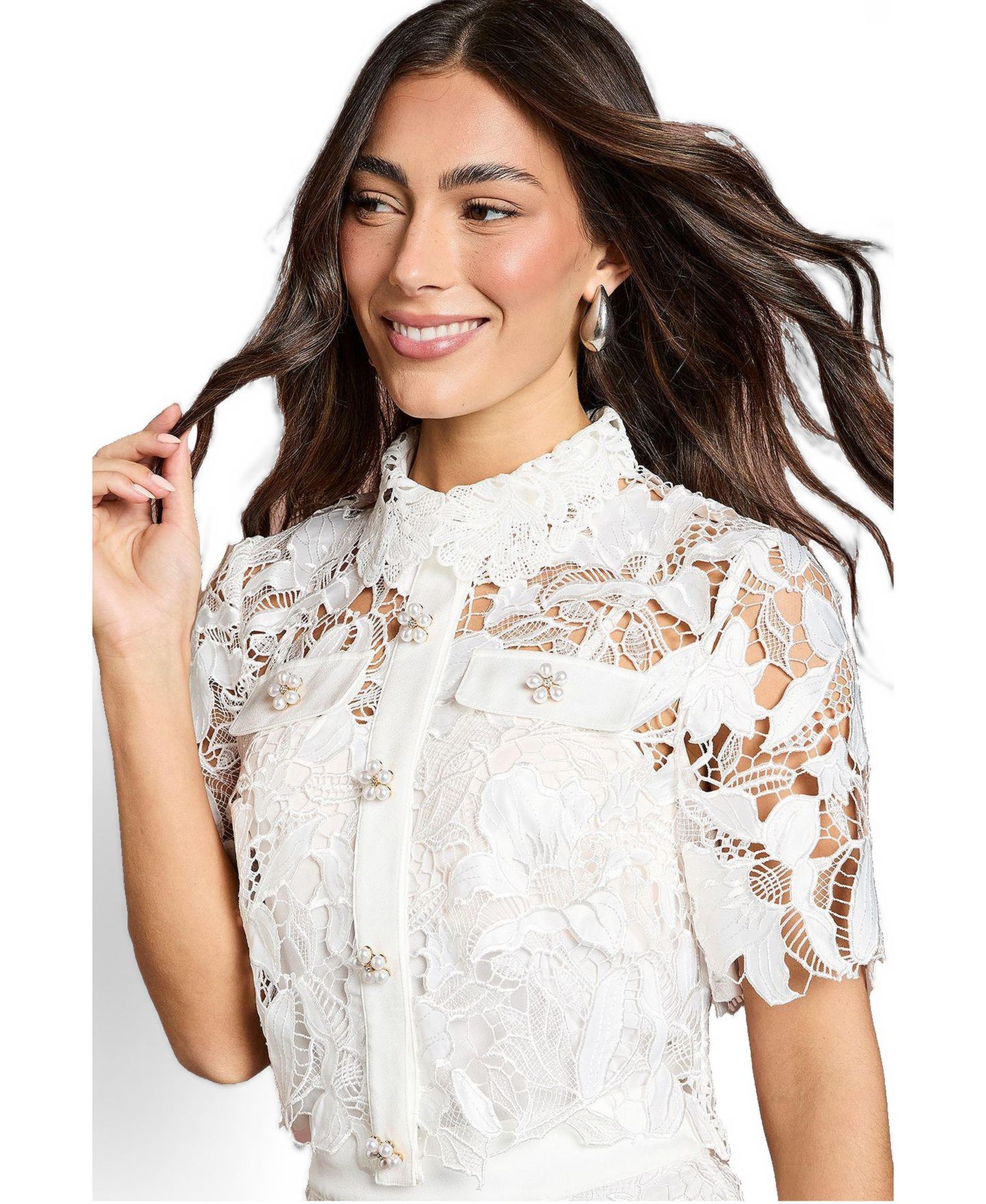 Женская рубашка Coast Lace Detail Short Sleeve Collared, цвет: Слоновая кость — фото 2
