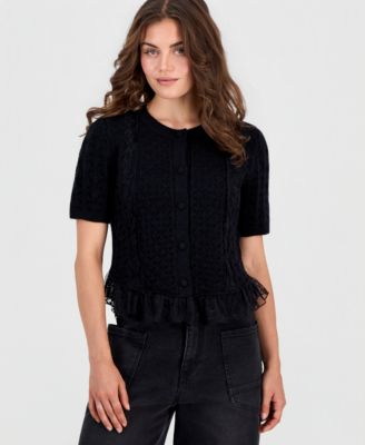 Petite Short-Sleeve Crewneck Lace and Ruffle Trim Cardigan