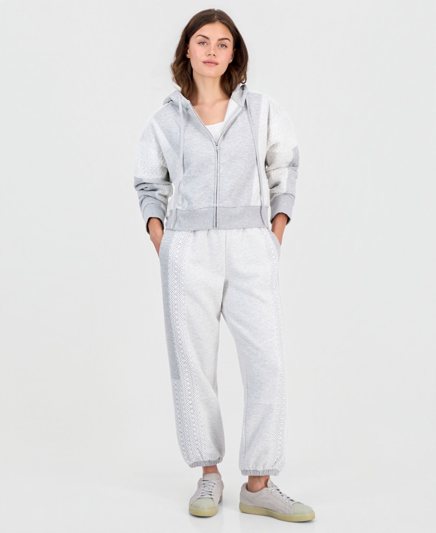 Женское худи And Now This Petite Crochet Cropped Fleece Zip, цвет: Светлый серый — фото 3
