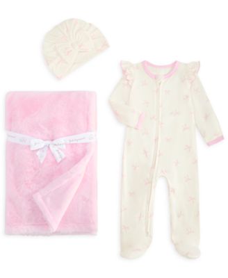 Baby Girls' Bow Footed Coverall, Blanket and Hat 3-Piece Set