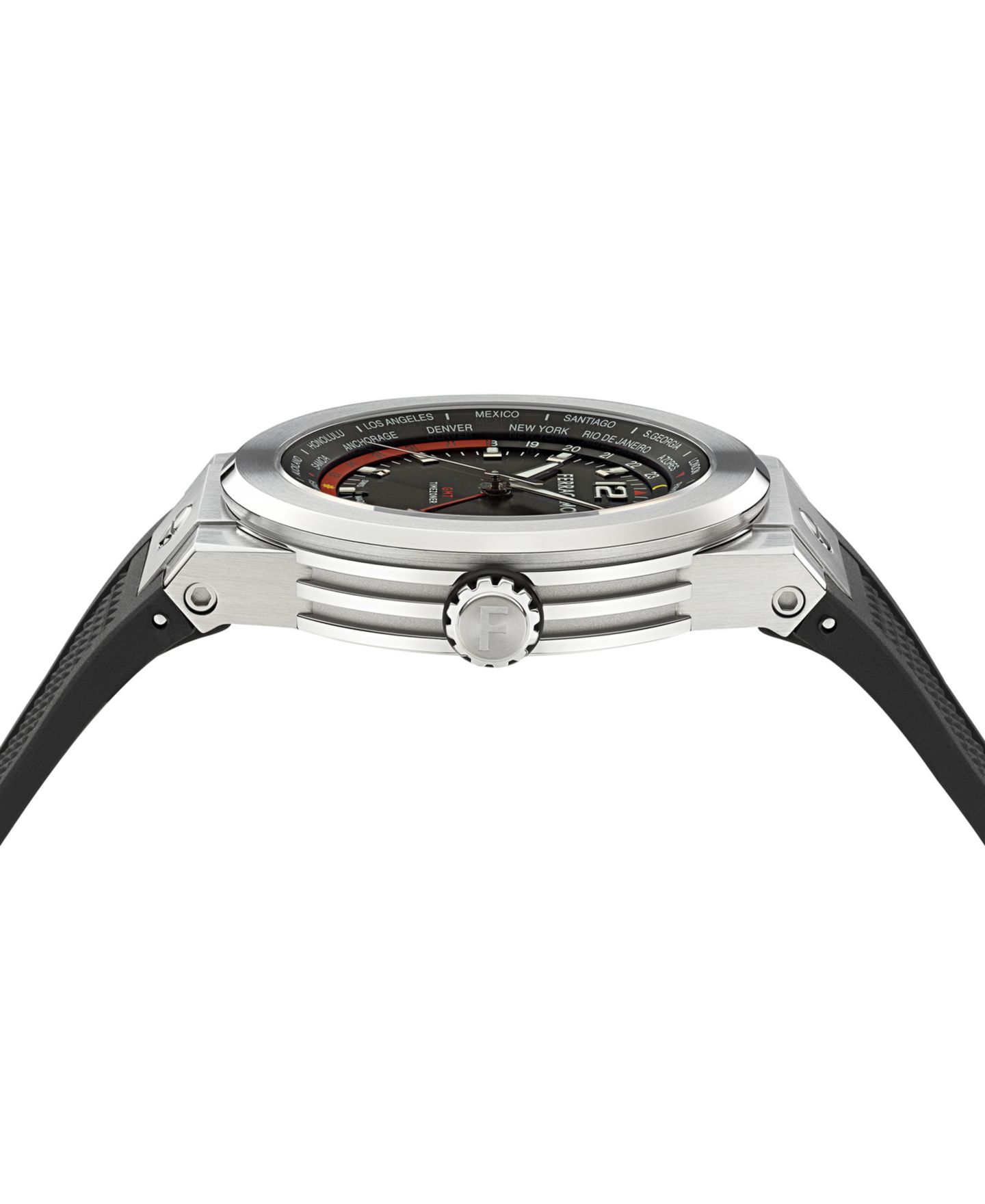 Мужские часы Ferragamo F-80 GMT Worldtime Black Stainless Steel Bracelet Watch 43mm — фото 2