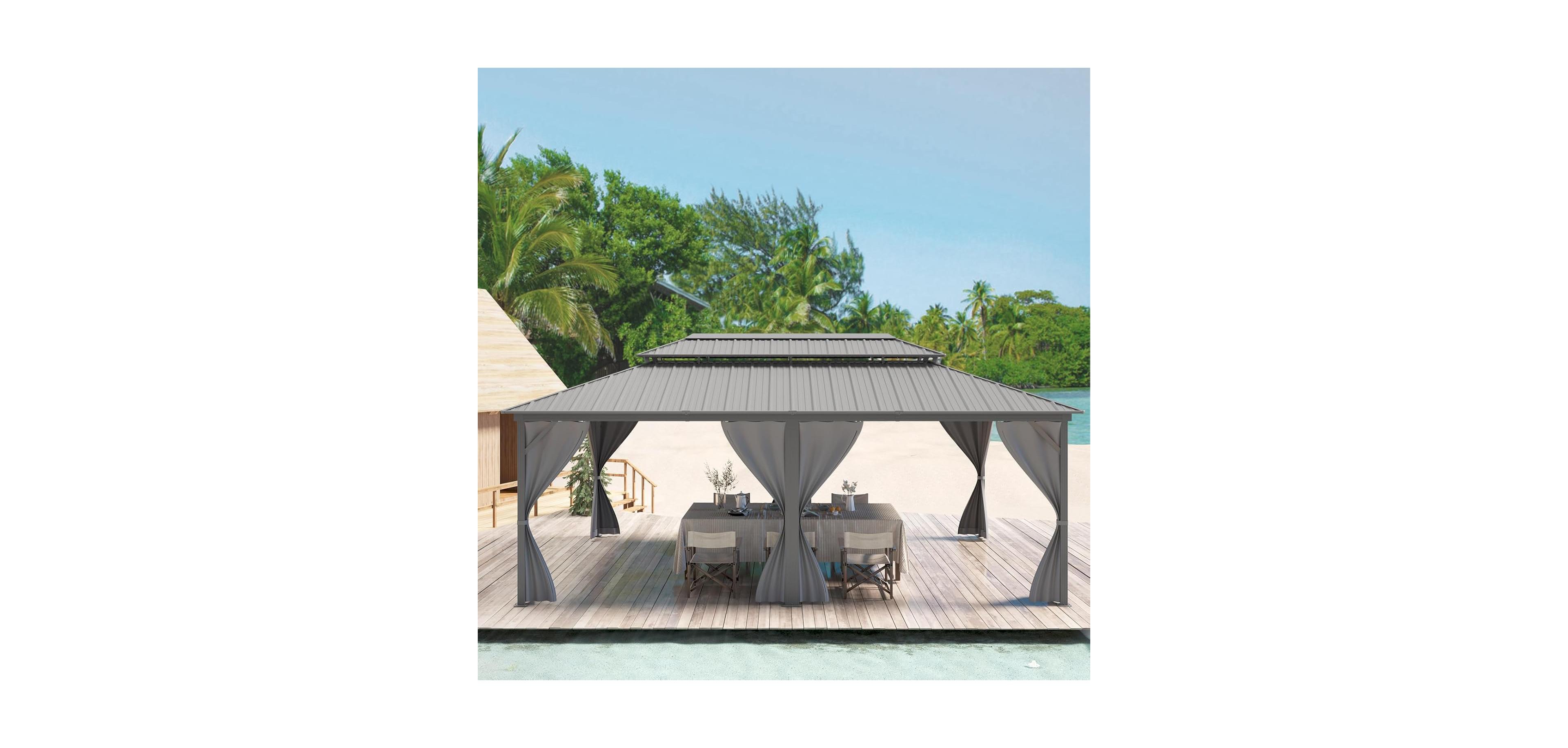 gaomon 12'20' Hardtop Gazebo - Outdoor Metal Pavilion with Galvanized Steel and Aluminum Frame, Double Roof Canopy with Netting and Curtains