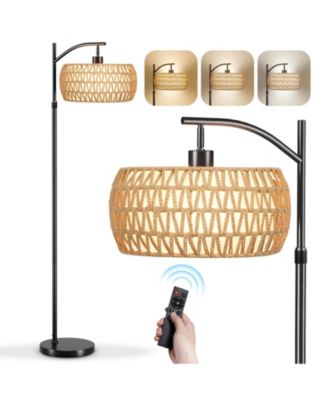 Dimmable Boho Floor Lamp with Rattan & Linen Drum Shade – Remote & Footswitch Control