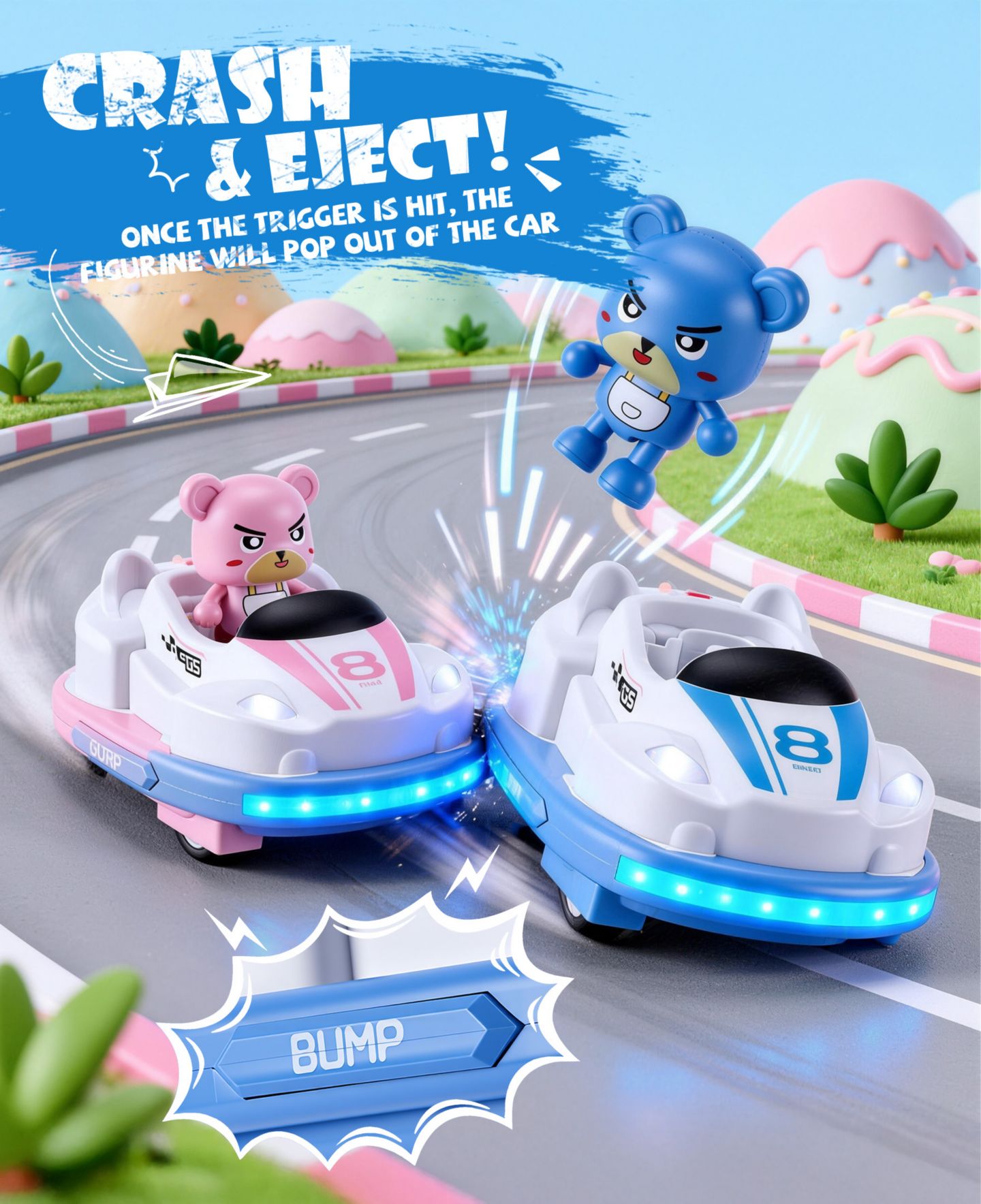Детские игрушки SUGIFT RC Bumper Cars Toys 2 Pack Kids LED Battle Set with Pop Up Figures, цвет: Розовый / Синий — фото 2