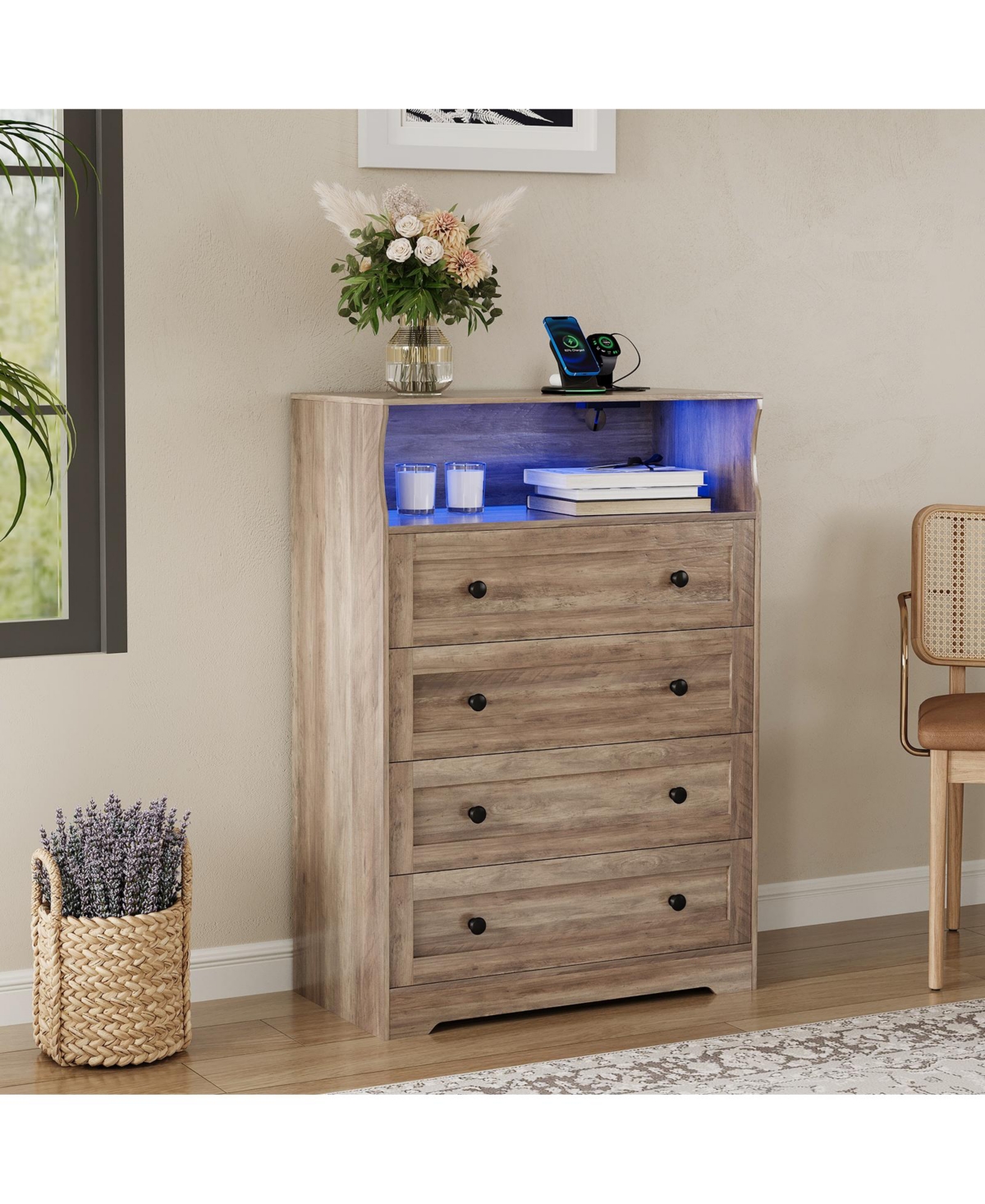 homfan Tall 4 Drawer Dresser with Led Light and Charging Station, Slim Storage Chest for Bedroom, Closet, Entryway, Living Room