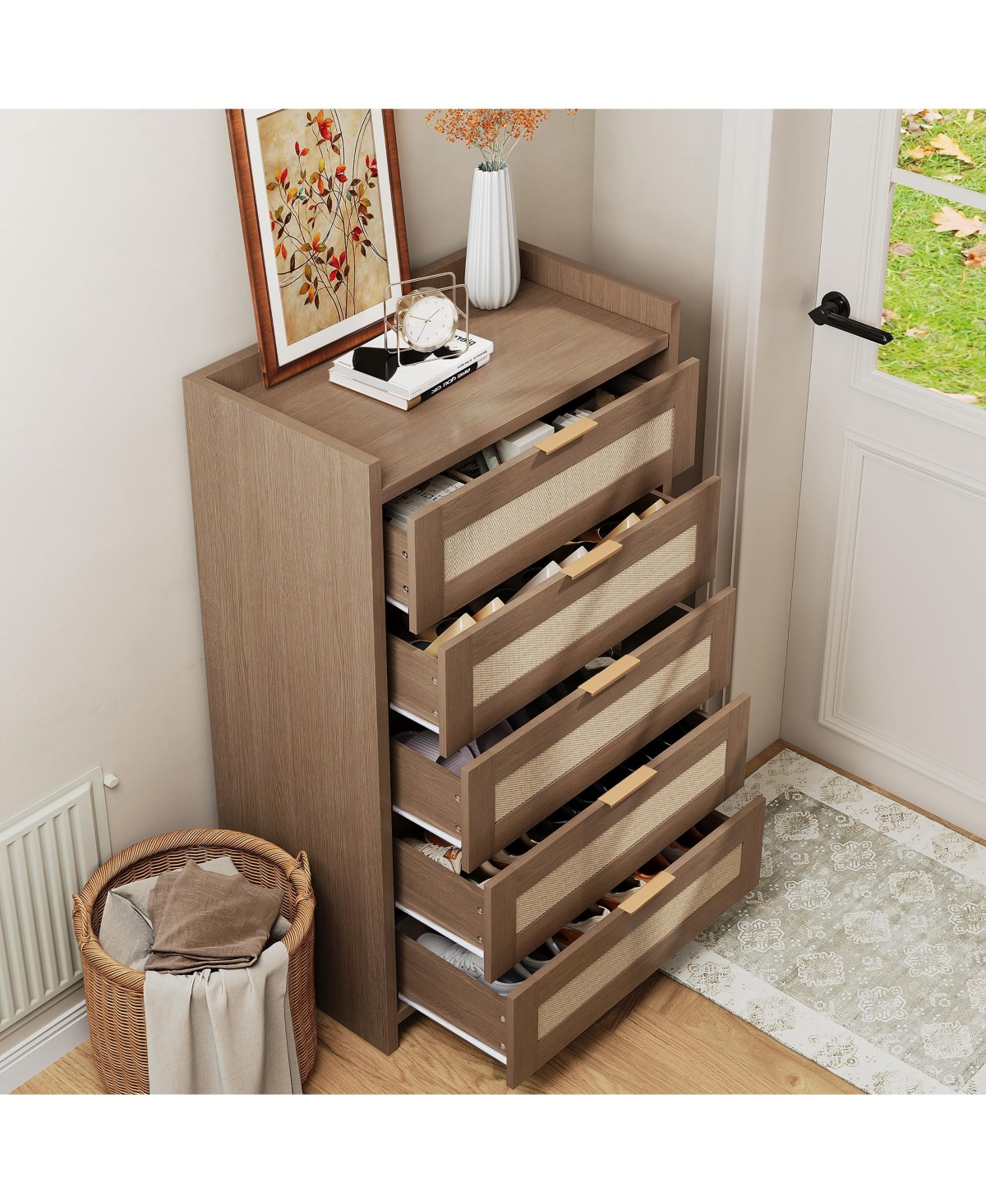 homfan Boho Rattan Dresser with 5 Drawers for Bedroom, Nursery, Living Room, and Entryway
