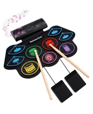 Portable 9-Pad Electronic Drum Set with Built-in Speaker, 128 Rhythms and 1000mAh Battery
