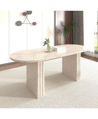 Kitchen extendable dining table for 4-8 people, oval kitchen table with wooden strip base for family living room