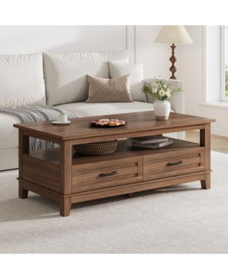 Farmhouse Coffee Table with Drawers, 47.2" Center Table with Open Shelf, 6 Support Legs
