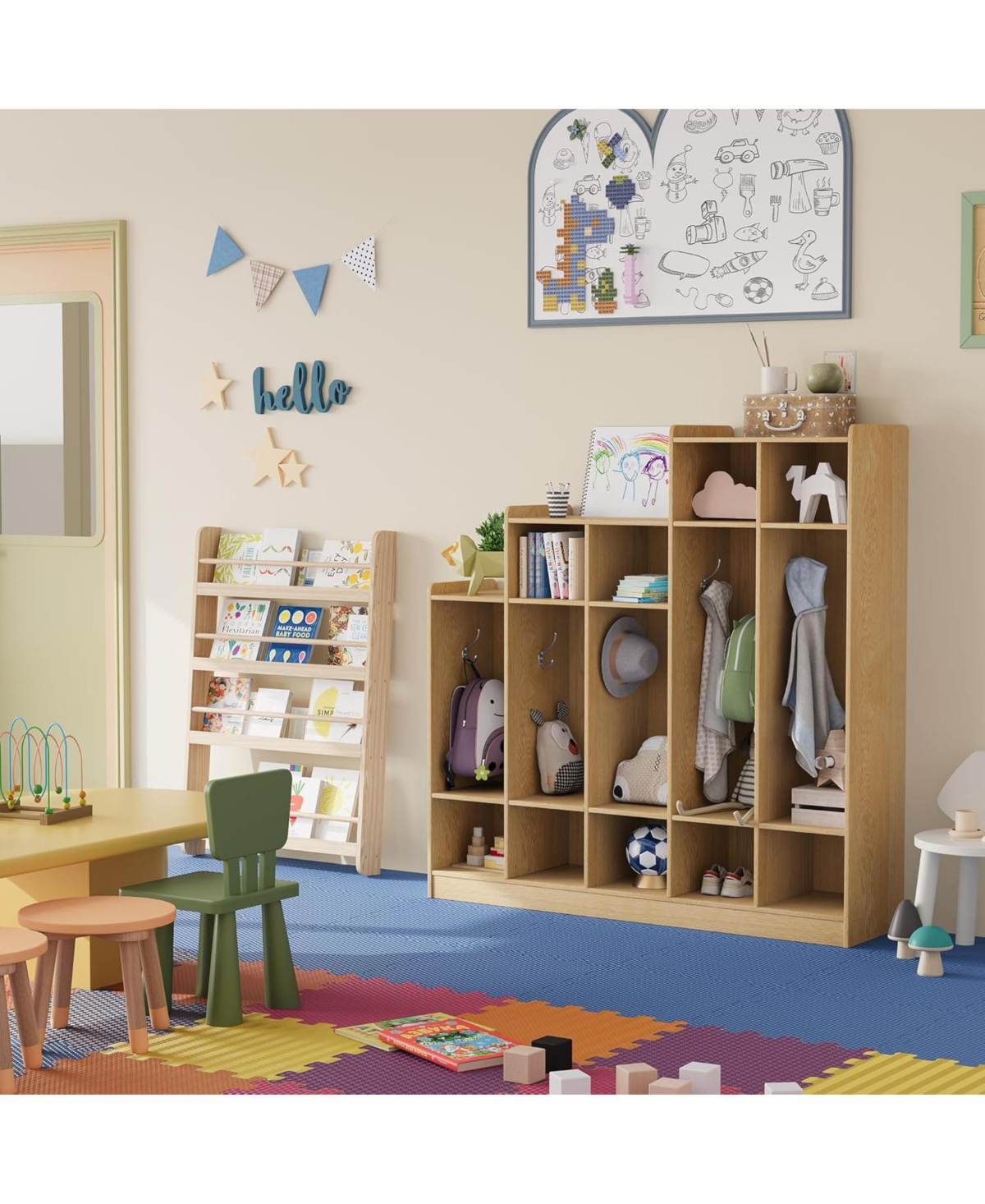 gaomon 5-Section Classroom Coat Locker with 9 Cubbies, Daycare Cubby Storage Organizer with 10 Hooks for Home, School, Nursery, Kindergarten
