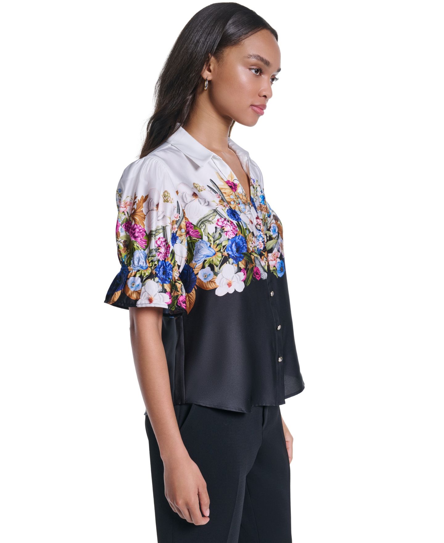 Женская блузка KARL LAGERFELD PARIS Floral Button-Front Blouse, цвет: Белый / Чёрный разноцветный — фото 3