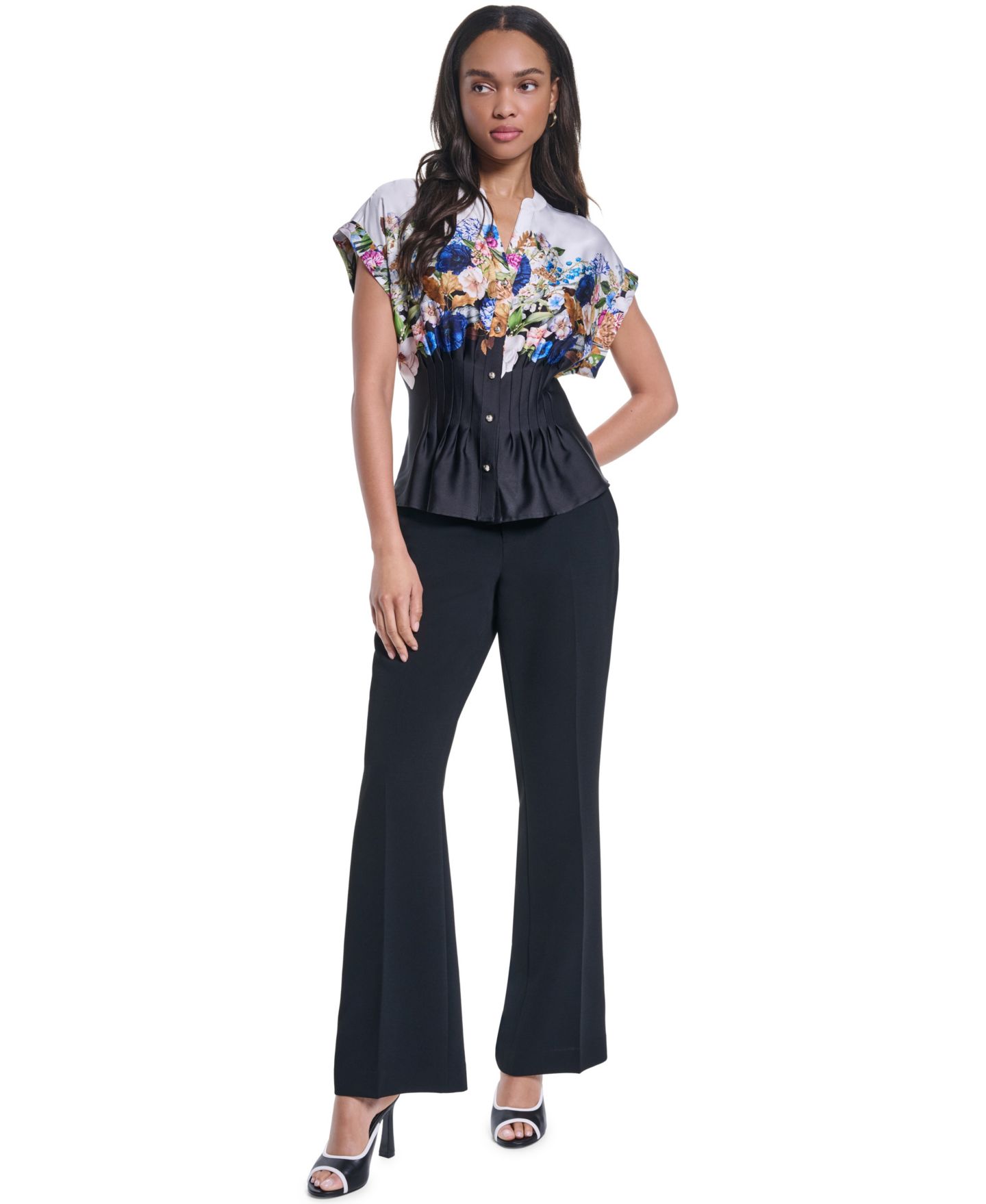 Женская блузка KARL LAGERFELD PARIS Floral Pleated Button-Front Blouse, цвет: Белый / Чёрный разноцветный — фото 2