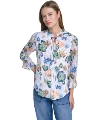 Women's Ruffle Collar Printed Chiffon Button-Up Blouse