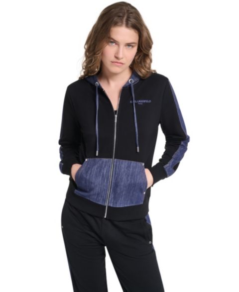 Женские куртки KARL LAGERFELD PARIS Zip-Up Denim-Contrast Hooded Jacket