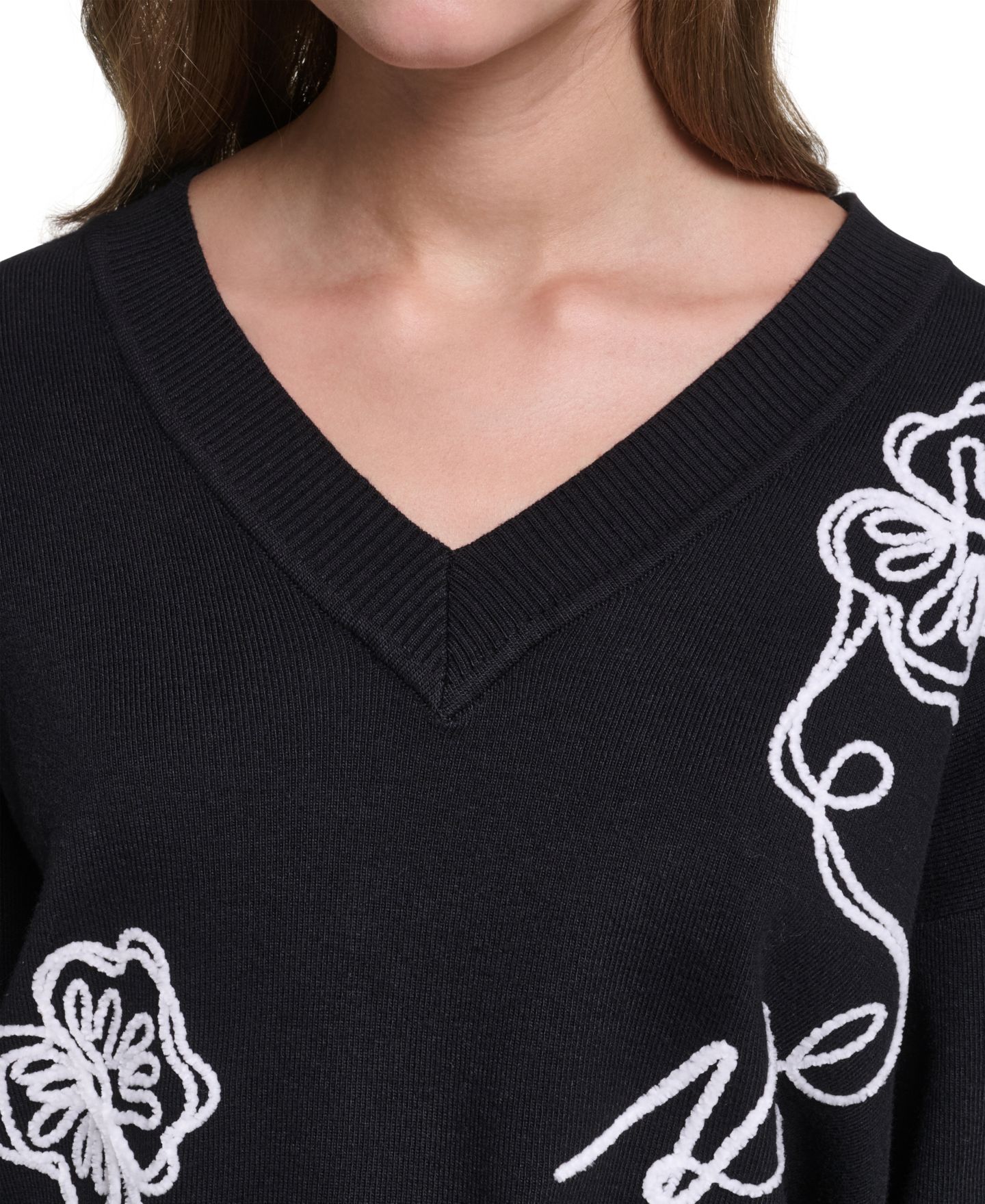 Женский свитер KARL LAGERFELD PARIS Karl Floral Embroidery V-Neck, цвет: Чёрный / Мягкий белый — фото 4
