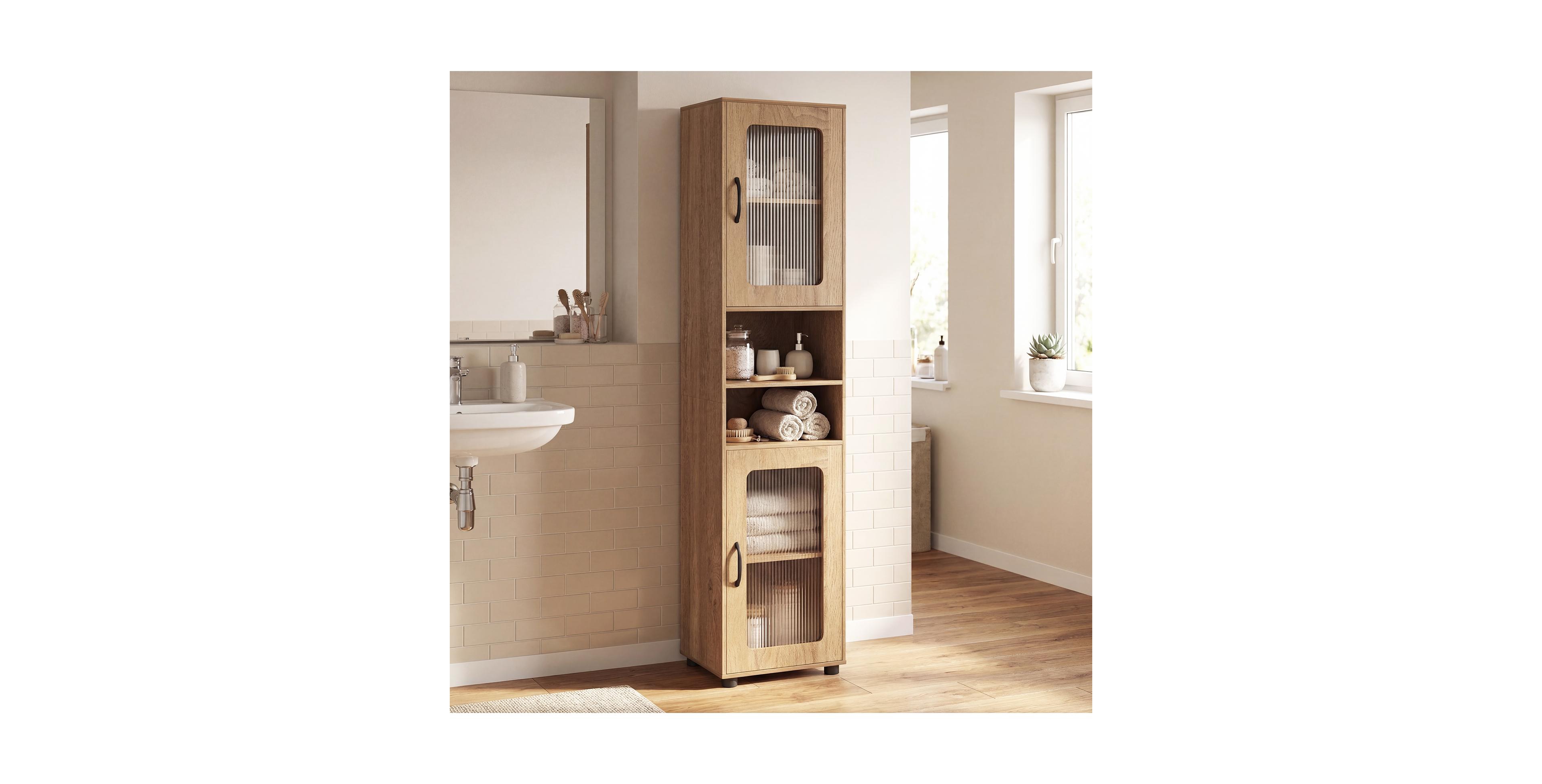 Costway Bathroom Cabinet, Slim Floor Storage Cabinet with 2 Fluted Doors,4 Rubber Feet