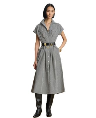 Women's Striped Pleated Broadcloth Shirt Dress