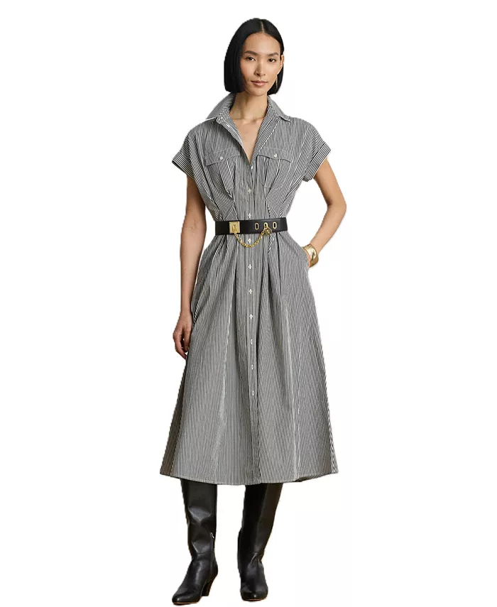 Women's Striped Pleated Broadcloth Shirt Dress