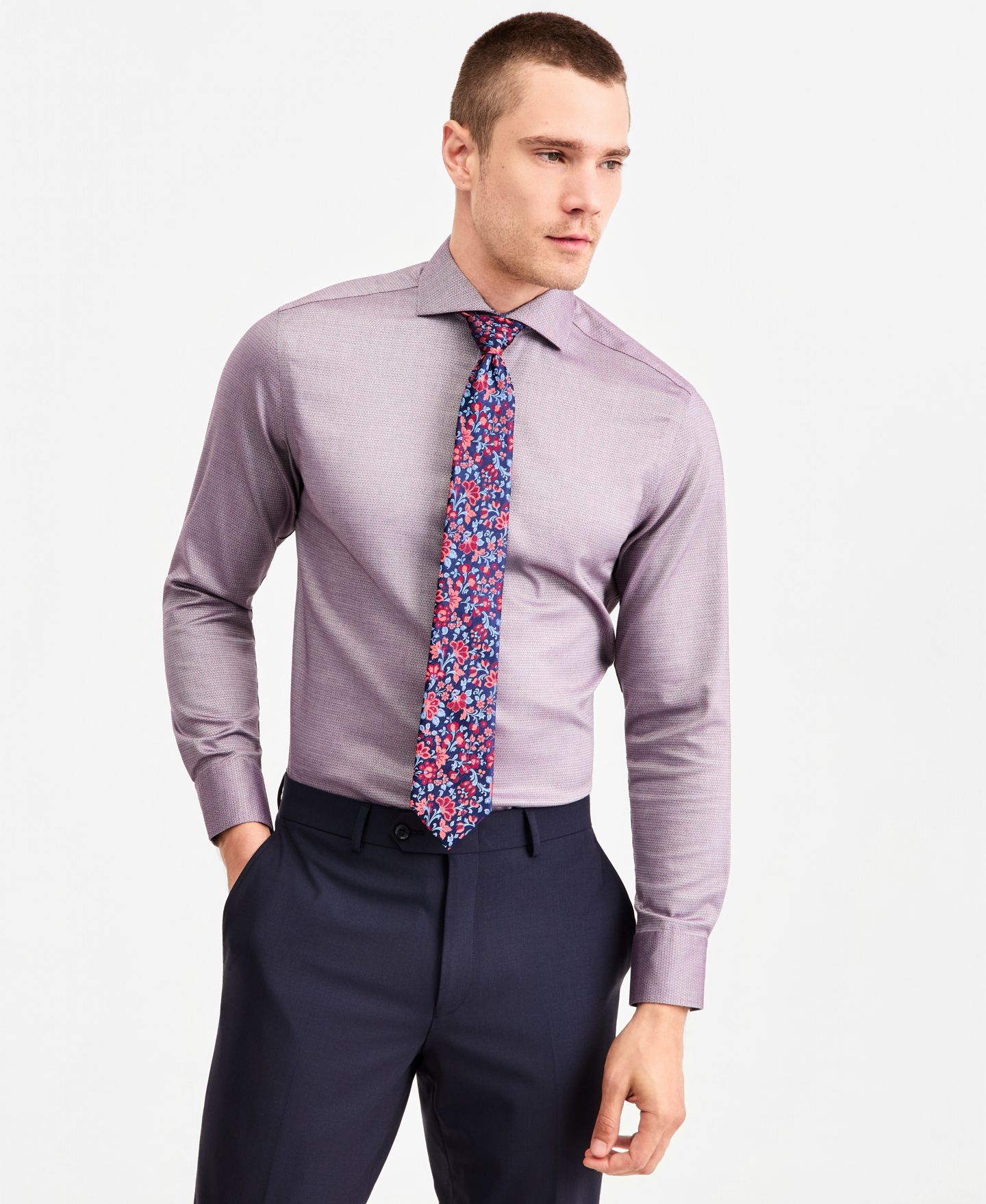 Мужская рубашка Ted Baker Slim-Fit Non-Iron Dress Shirt & Floral Classic Silk Tie, цвет: Розовый — фото 3