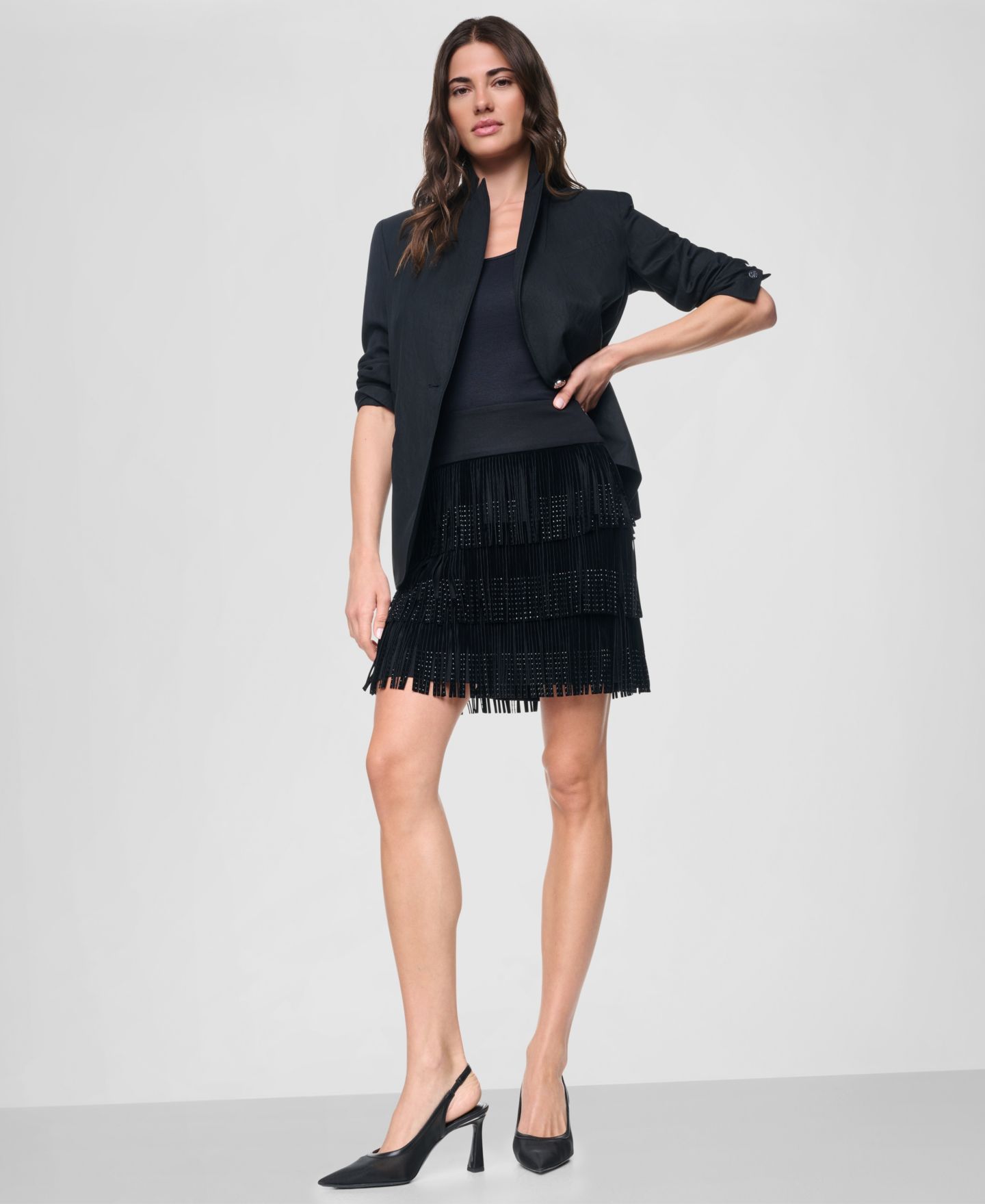 Женская юбка DKNY Rhinestone Fringe, цвет: Чёрный — фото 8