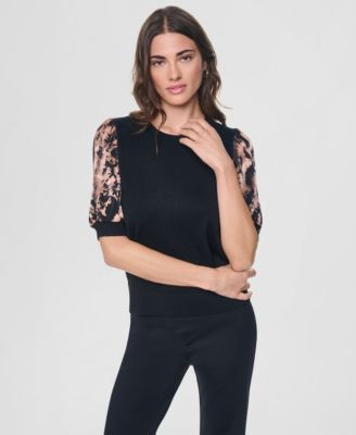 Women's Printed Twist-Sleeve Mix Media Sweater
