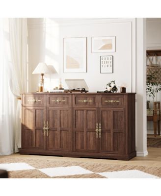 63" Storage Cabinet with Doors and Drawers - Farmhouse Accent Cabinet,Entryway Console with Gold Handles