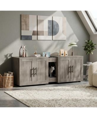 double cat litter box enclosure with dual compartments, engineered wood hidden cabinet, indoor cat house furniture for 2 cats.