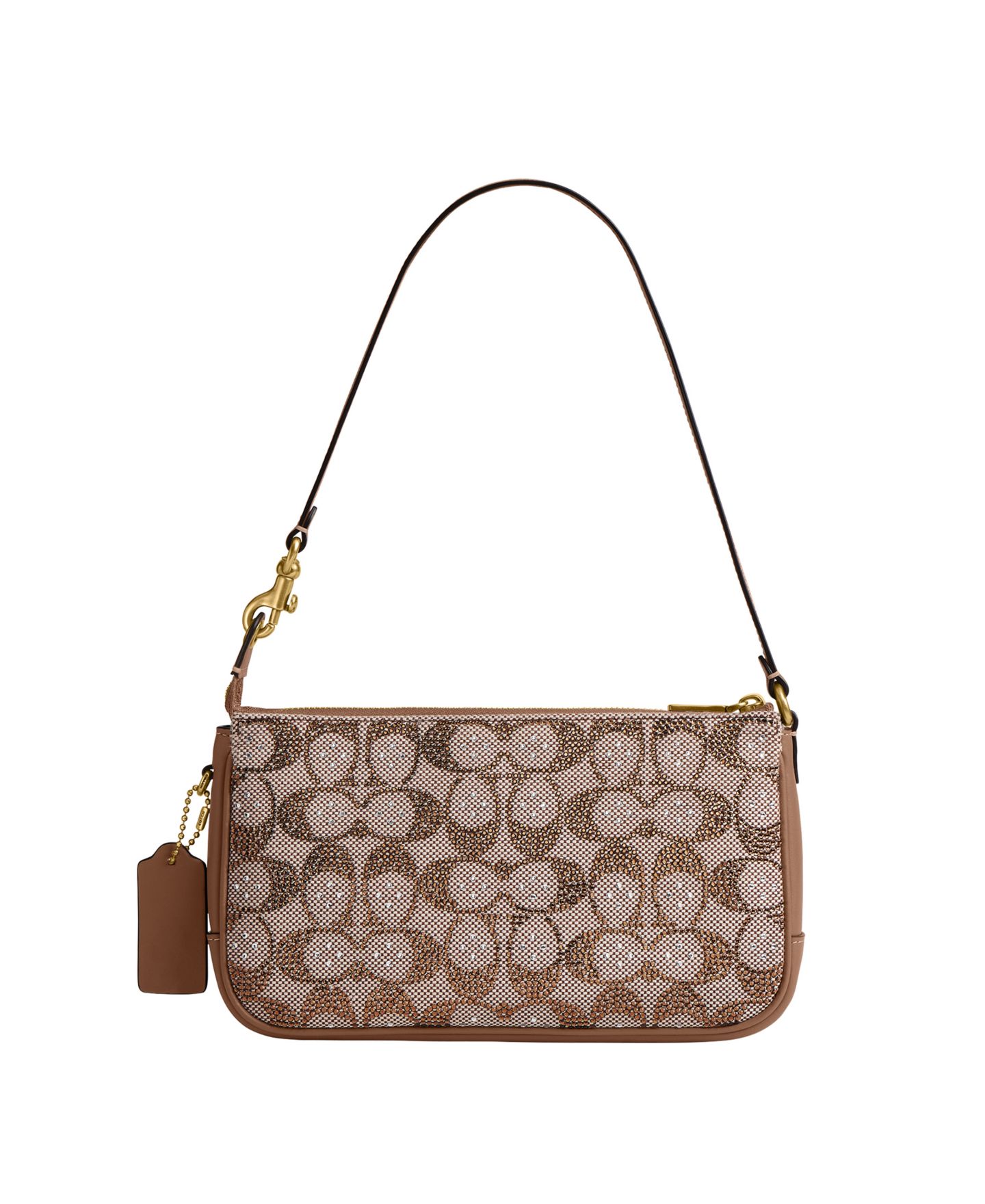 Женская сумка COACH Plaza Small Crystal Signature Jacquard Shoulder, цвет: Латунный / Серо-бежевый — фото 3