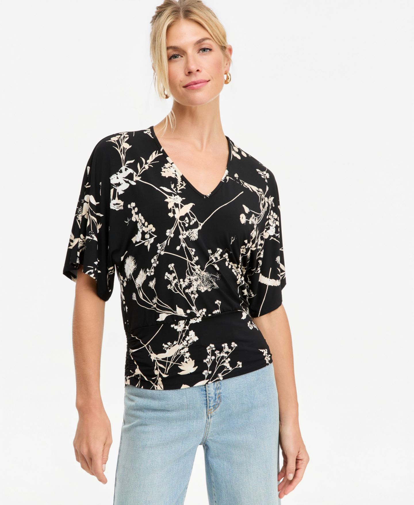 Женская блузка I.N.C. International Concepts Floral V-Neck Short-Sleeve Blouse, цвет: Чёрный — фото 1