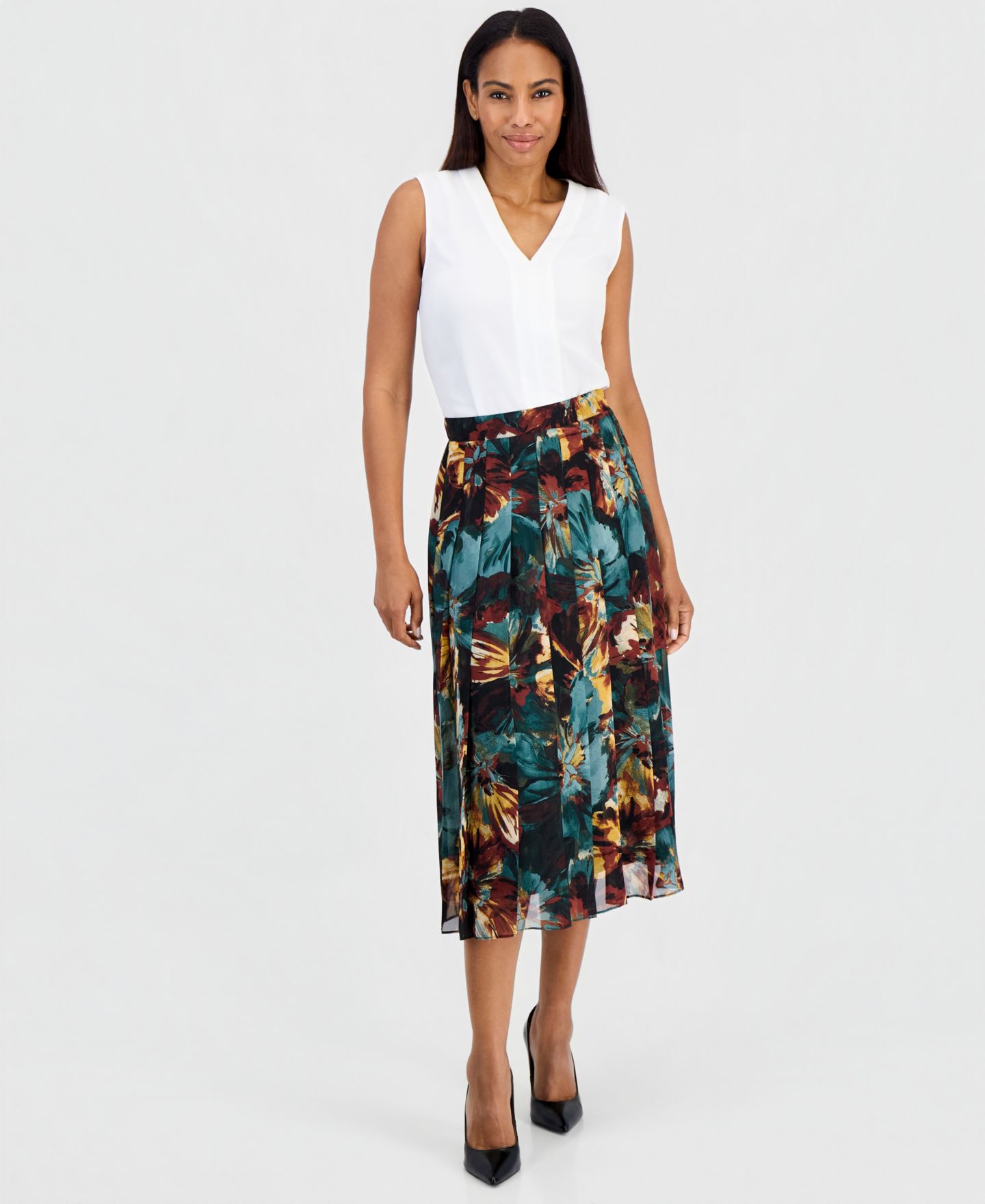 Женская юбка Kasper Floral-Print Pleated Pull-On, цвет: Вечнозелёный разноцветный — фото 2