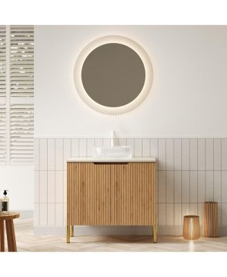 30 Inch Bathroom Vanity with Glass Vessel Sink, Sintered Stone Top, Modern Wood Grain Cabinet, Soft Close Storage