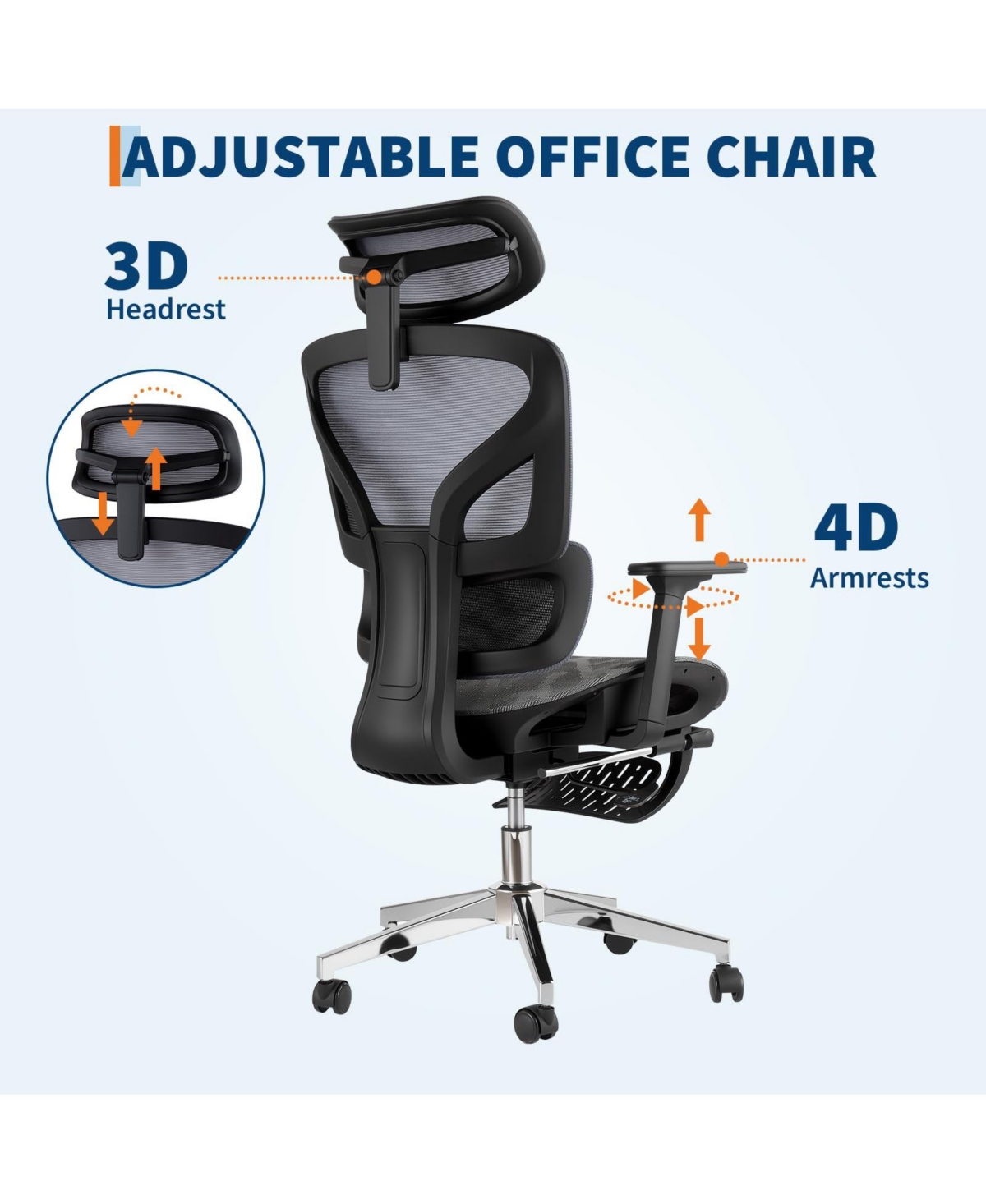 homfan Ergonomic High-Back Mesh Office Chair with Footrest, 4D Armrests, Dynamic Lumbar Support, Reclining, 350lb Capacity