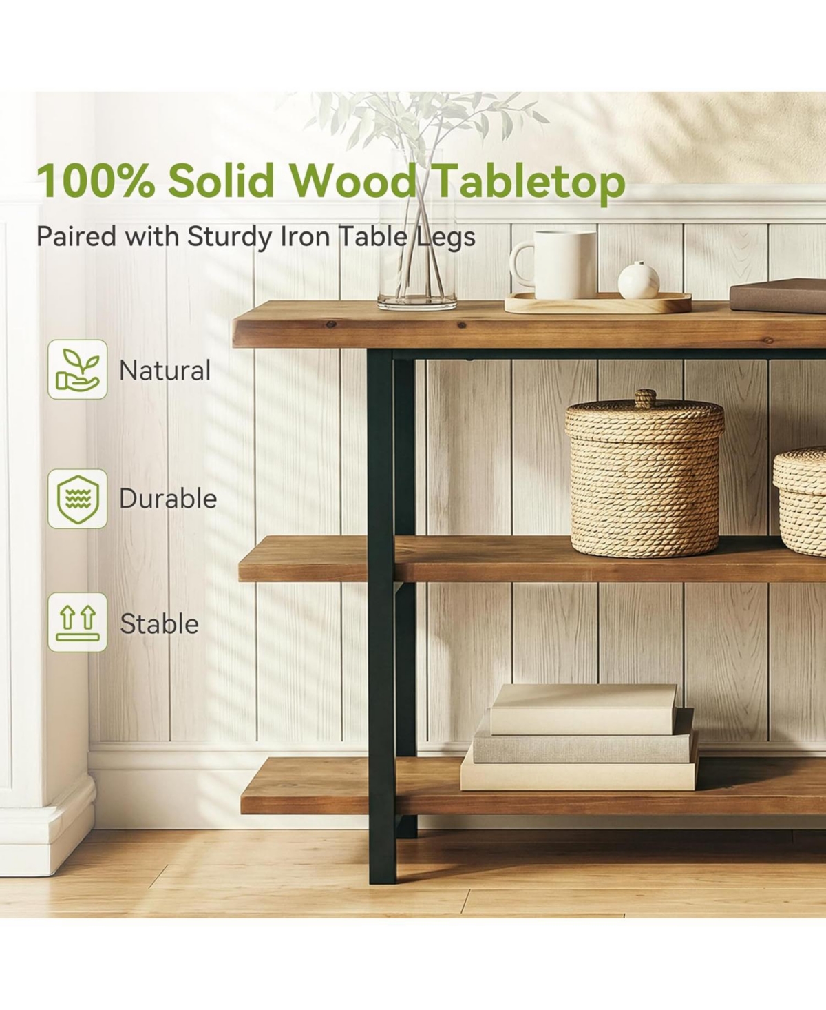 Tribesigns 3-Tier Solid Wood Console Table, 63-Inch Farmhouse Entryway Table, Narrow Sofa Table Behind the Couch