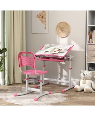 Kids Desk Chair Set Adjustable Children Study Table with Storage Drawer, Tiltable Desktop