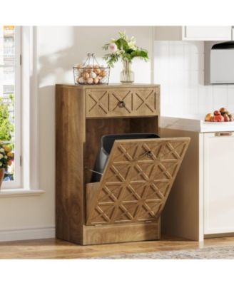 13 Gallons Tilt Out Trash Can, Hidden Garbage Can Cabinet with Drawer, Wooden Fluted Trash Bin Cabinets for Kitchen Living Room