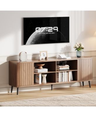 Mid Century TV Stand Wood Entertainment Center with Fluted Doors and Adjustable Shelves for TVs Up to 75", Living Room
