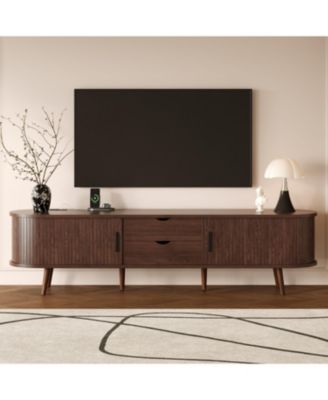 70 Inch Mid Century Modern TV Stand, for 80 Inch TV, with Power Outlet and Sliding Door, for Living Room, Bedroom