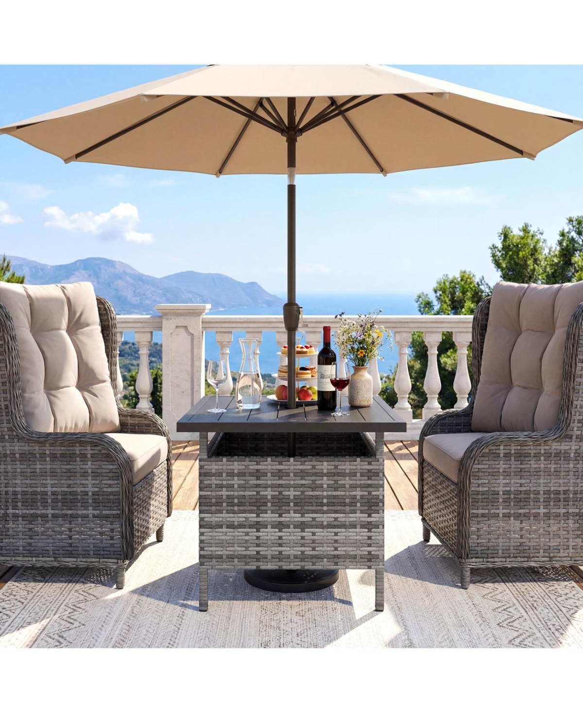 Sugift Patio Square Wicker Side Table with Umbrella Hole for Yard and Pool Deck