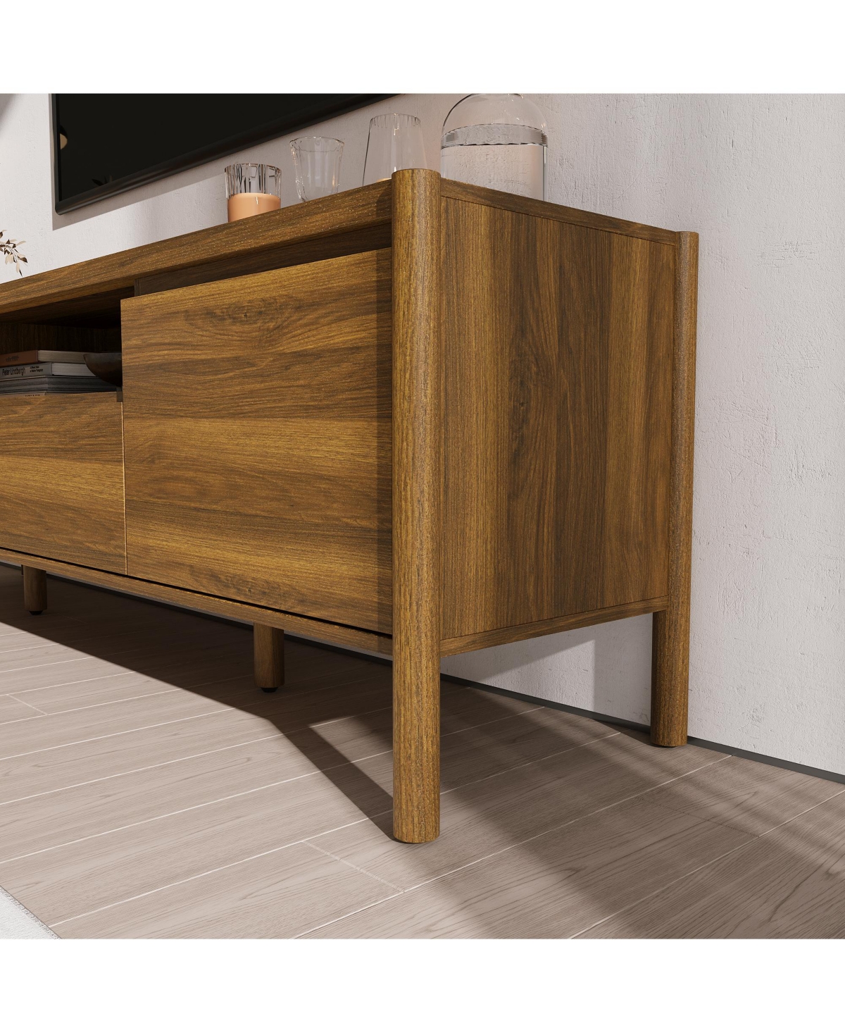 Homsee Modern Tv Console with Rounded Edges - 71-Inch Wide Wood Grain Tv Stand with Rubber Wood Legs | Living Room Media Console